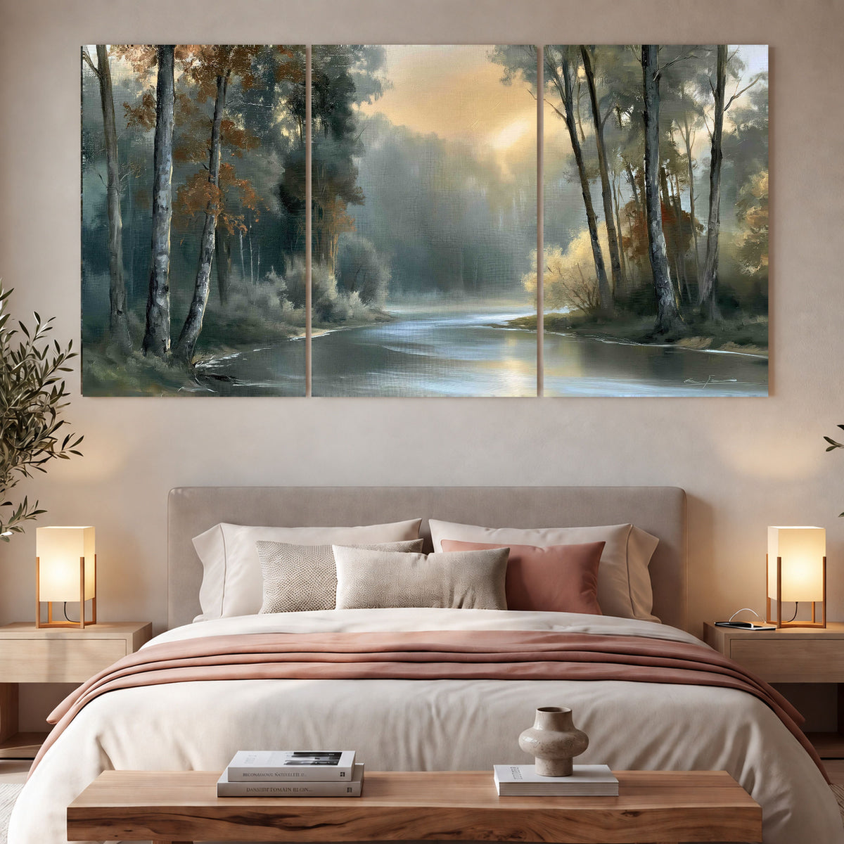 Misty river forest painting 3 piece canvas wall art in a bedroom above the bed