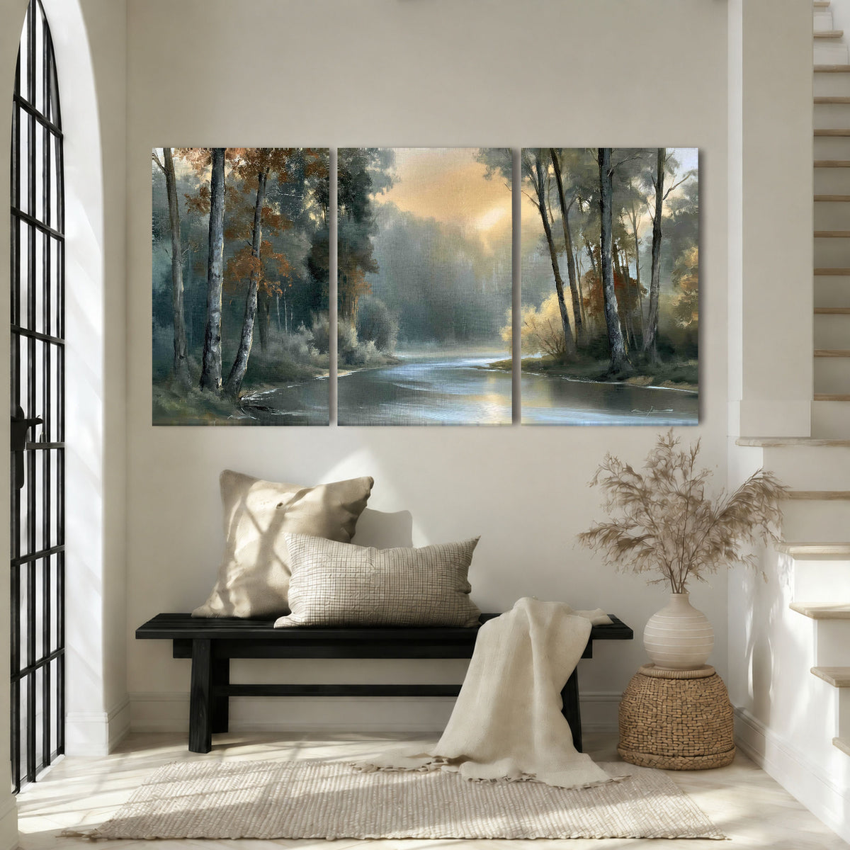 Misty river forest painting 3 piece canvas wall art in an entryway above a bench