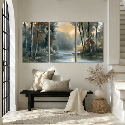 Misty river forest painting 3 piece canvas wall art in an entryway above a bench