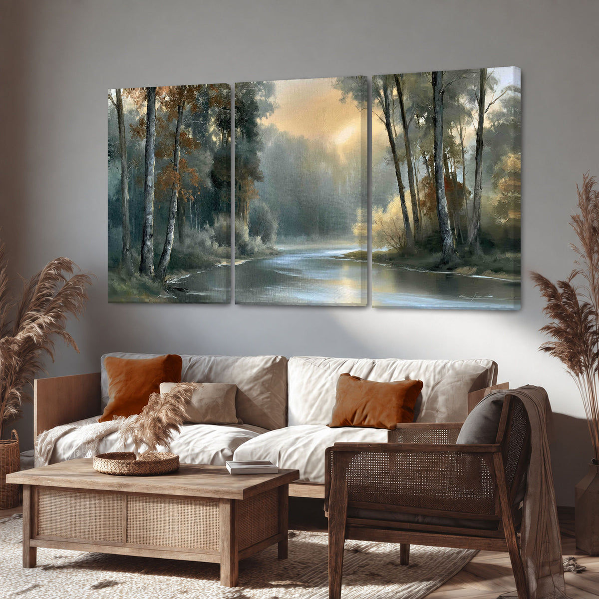 Misty river forest painting 3 piece canvas wall art in a rustic living room