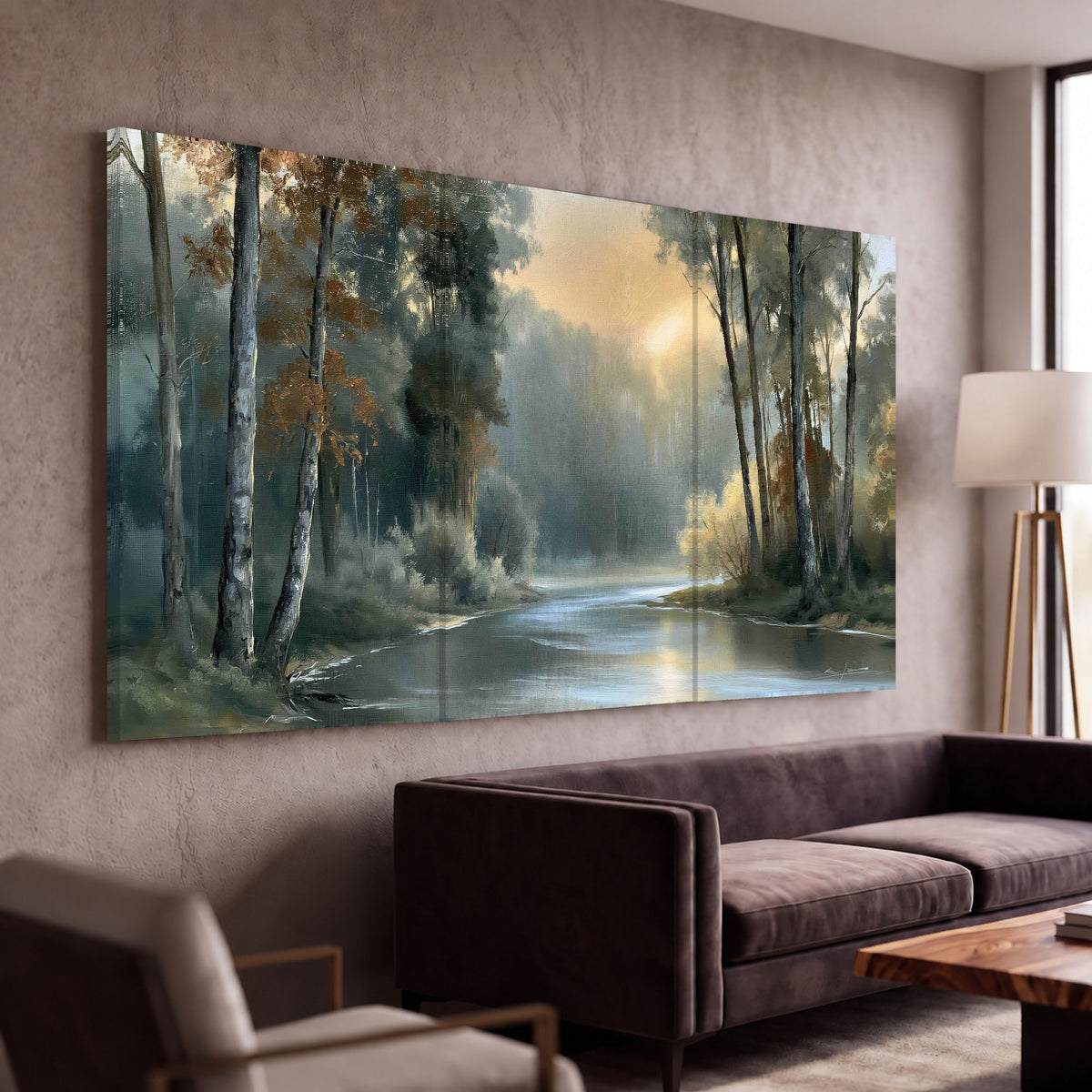 Misty river forest painting 3 piece canvas wall art in a modern living room