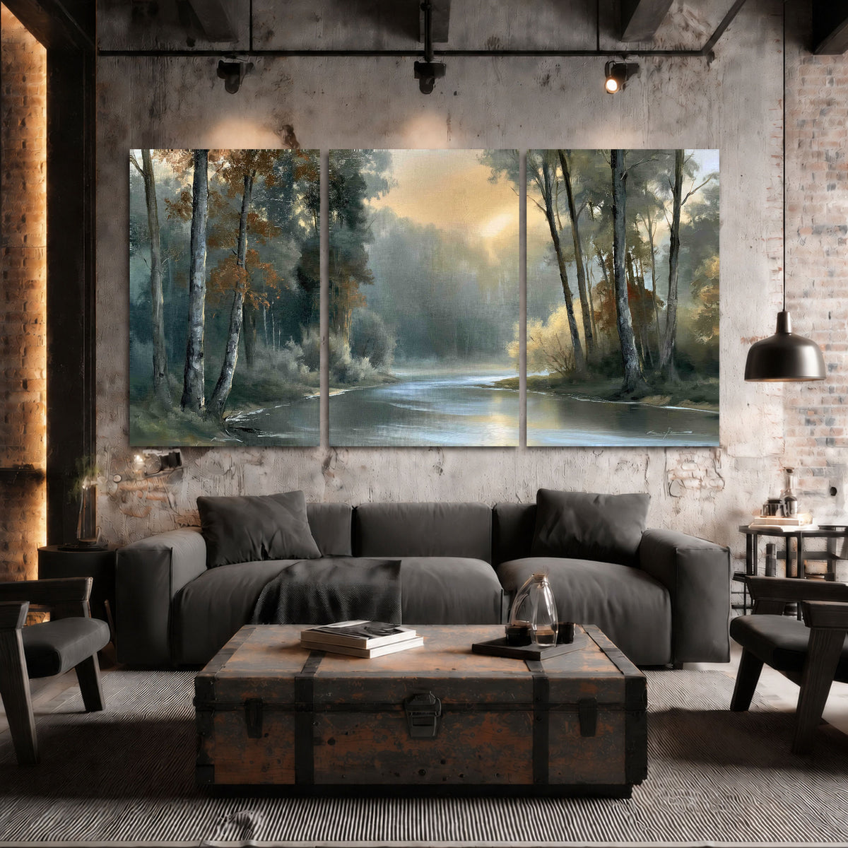 Misty river forest painting 3 piece canvas wall art in an industrial loft