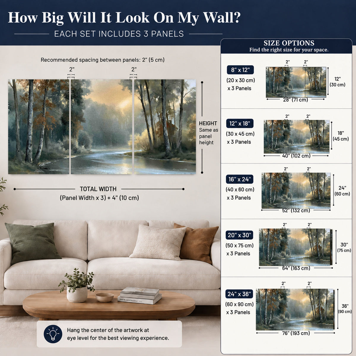 Misty river forest painting 3 piece canvas wall art size guide above a sofa