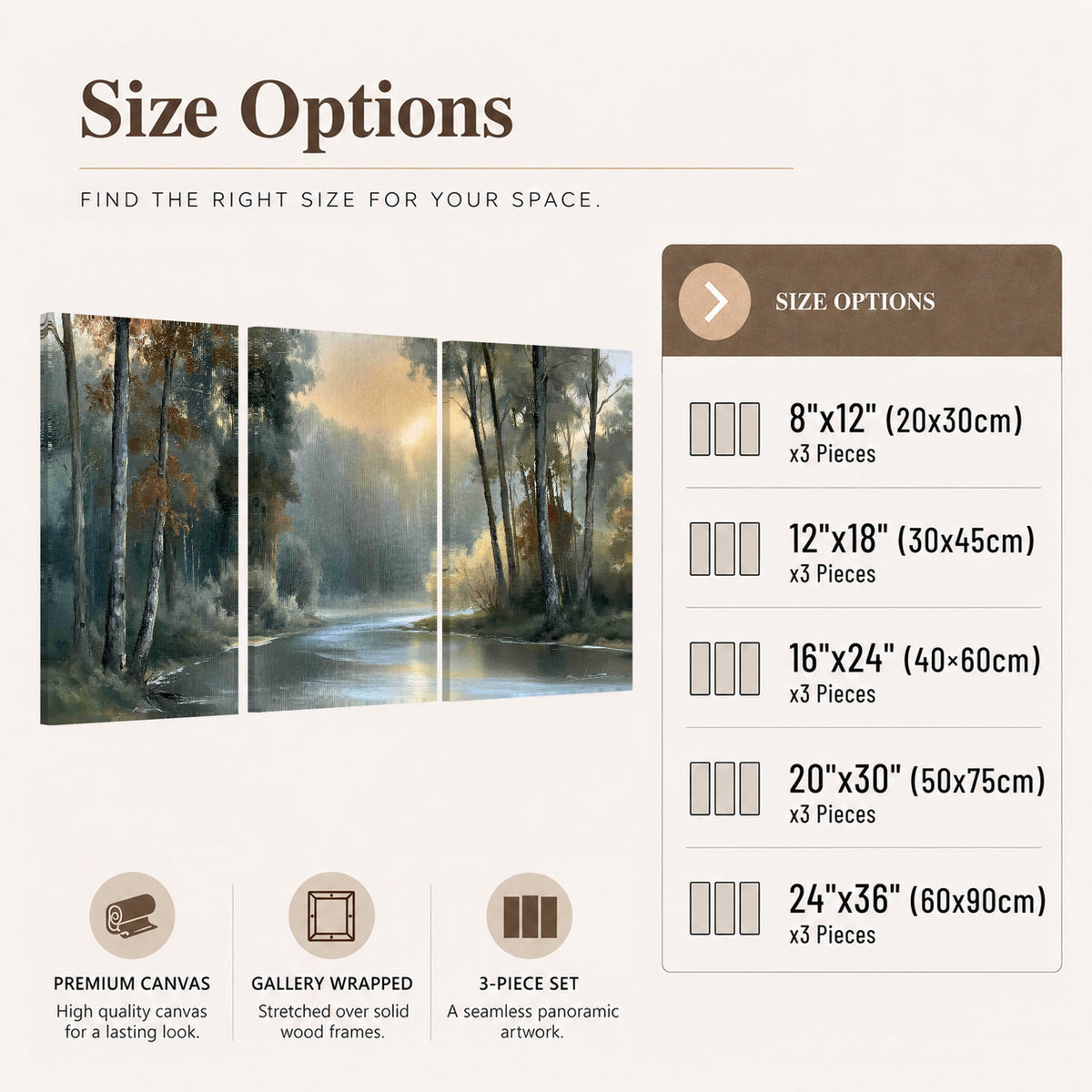 Misty river forest painting 3 piece canvas wall art size options