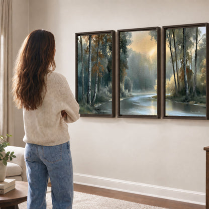 Misty river forest painting 3 piece framed canvas in a living room
