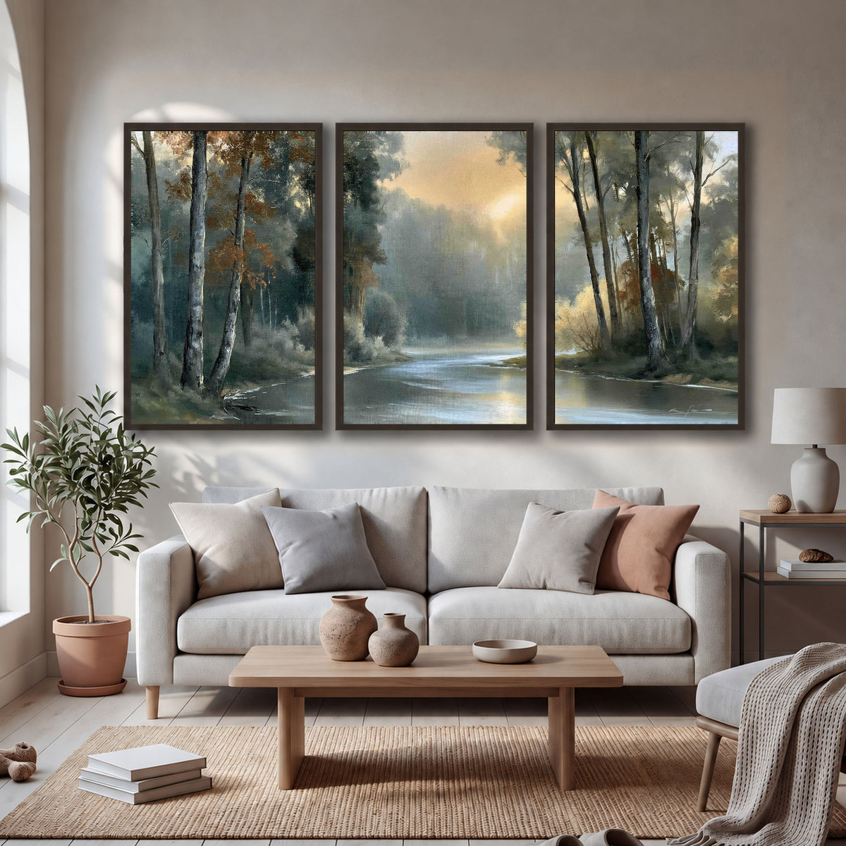 Misty river forest painting 3 piece framed canvas in a bright living room