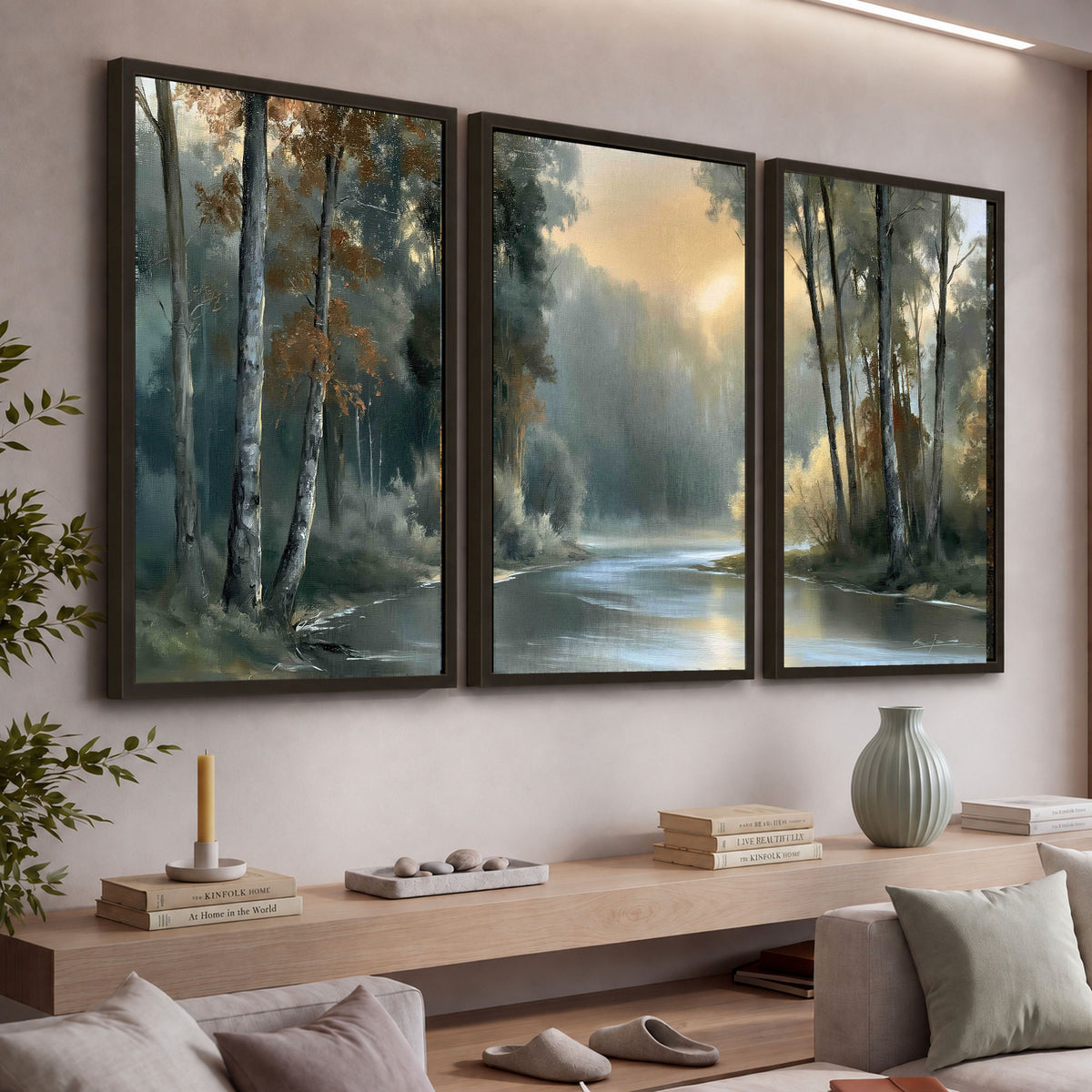 Misty river forest painting 3 piece framed canvas in a living room above a console