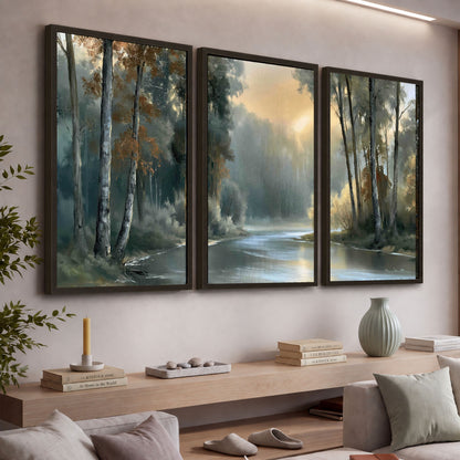 Misty river forest painting 3 piece framed canvas in a living room above a console