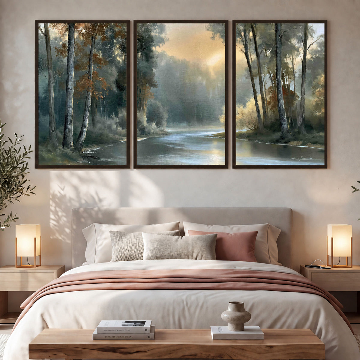 Misty river forest painting 3 piece framed canvas in a bedroom above the bed