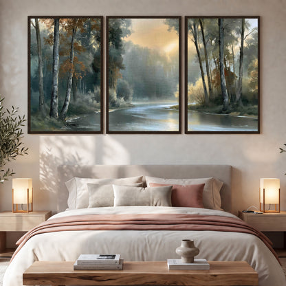Misty river forest painting 3 piece framed canvas in a bedroom above the bed