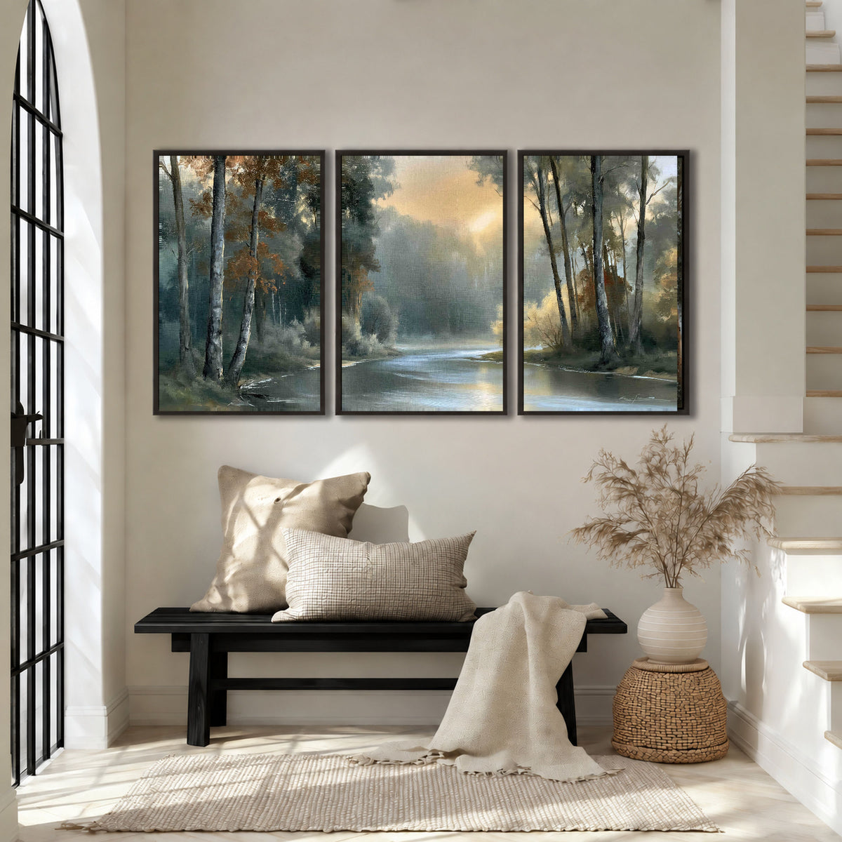 Misty river forest painting 3 piece framed canvas in an entryway above a bench