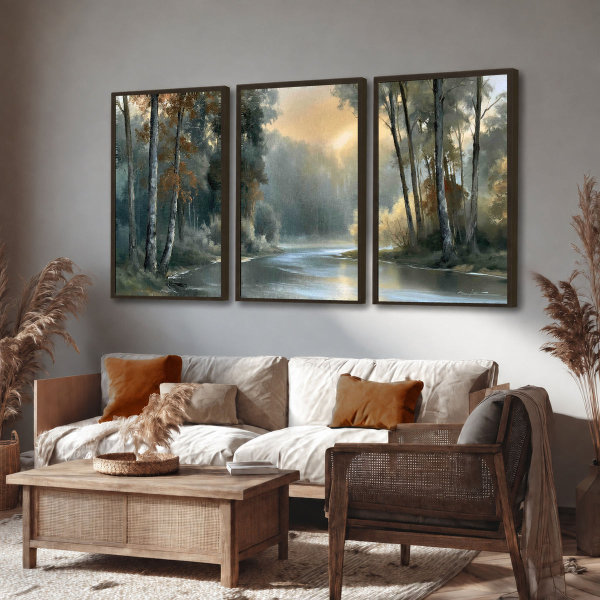 Misty river forest painting 3 piece framed canvas in a rustic living room