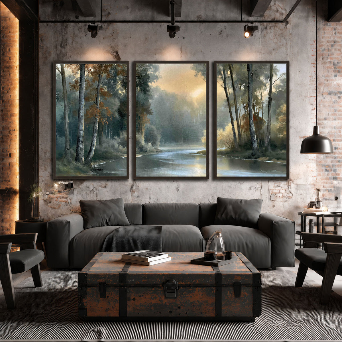 Misty river forest painting 3 piece framed canvas in an industrial loft