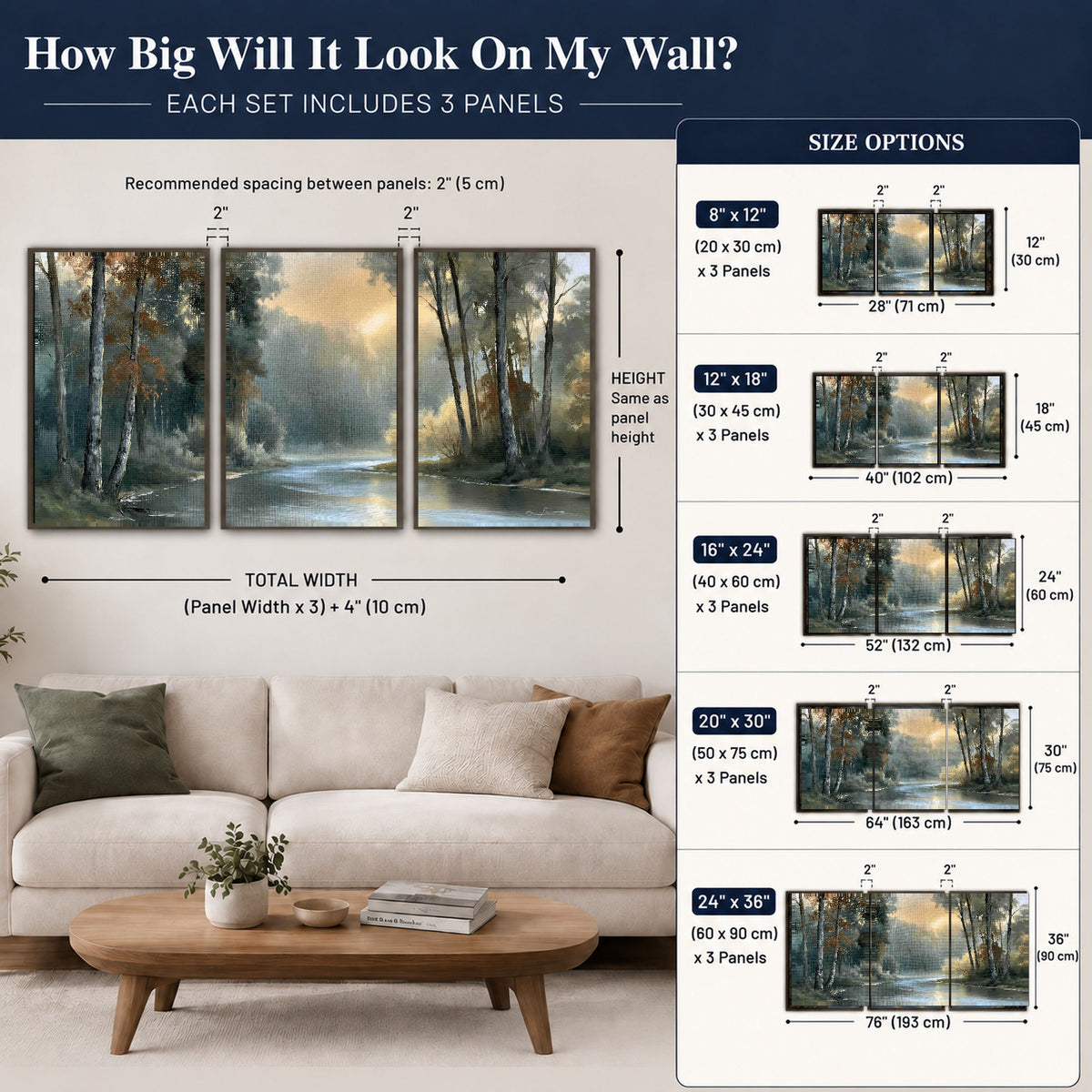 Misty river forest painting 3 piece framed canvas size guide above a sofa