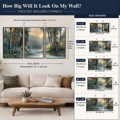 Misty river forest painting 3 piece framed canvas size guide above a sofa