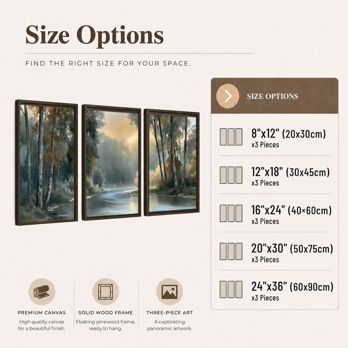 Misty river forest painting 3 piece framed canvas size options