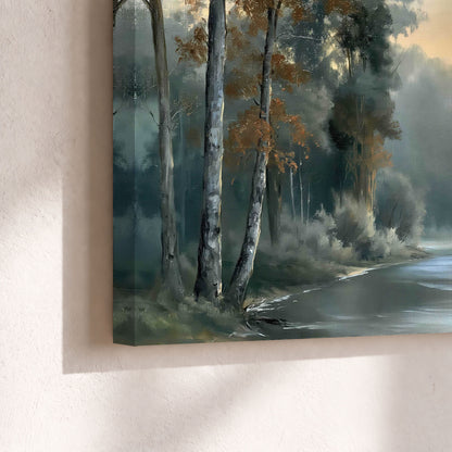 Misty river forest painting canvas print close-up showing the gallery-wrapped edge