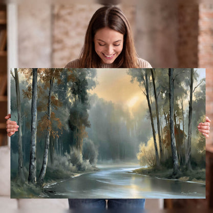 Misty river forest painting stretched canvas wall art held in hands