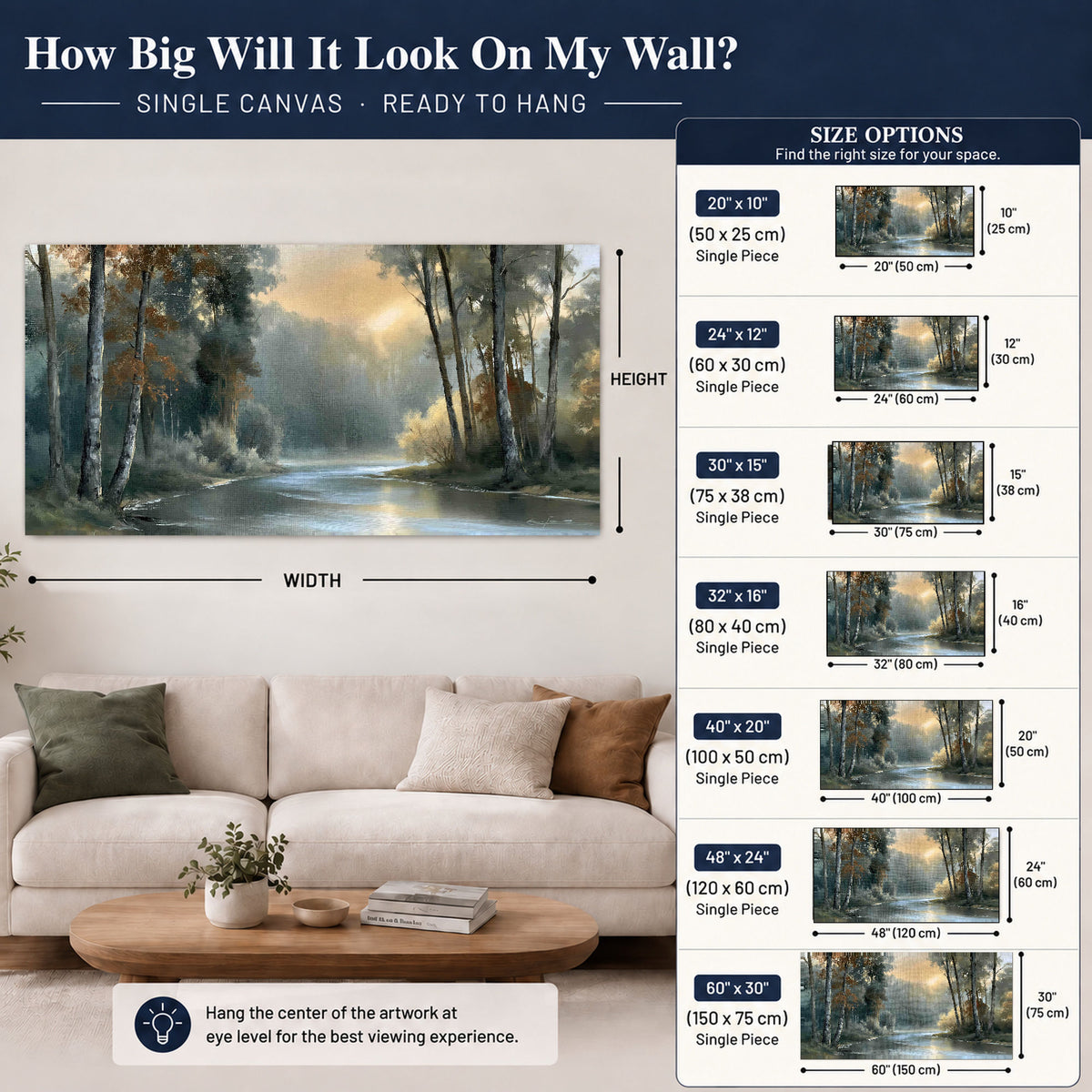 Misty river forest painting canvas wall art size guide above a sofa