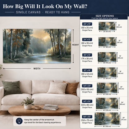 Misty river forest painting canvas wall art size guide above a sofa