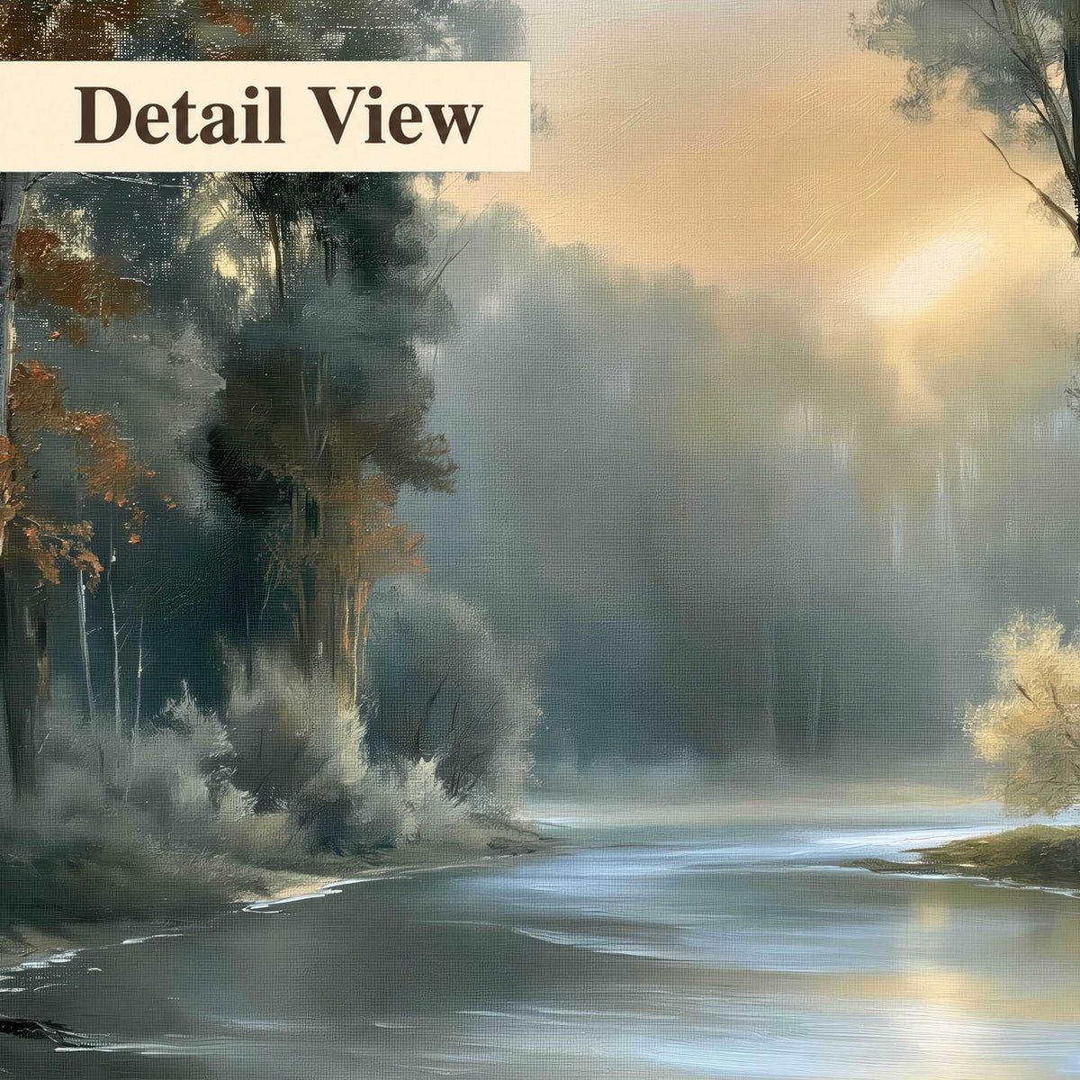 Misty river forest painting detail close-up