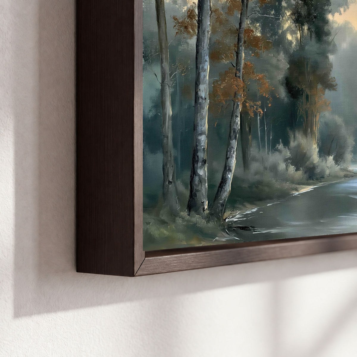 Misty river forest painting framed canvas close-up showing the floating frame