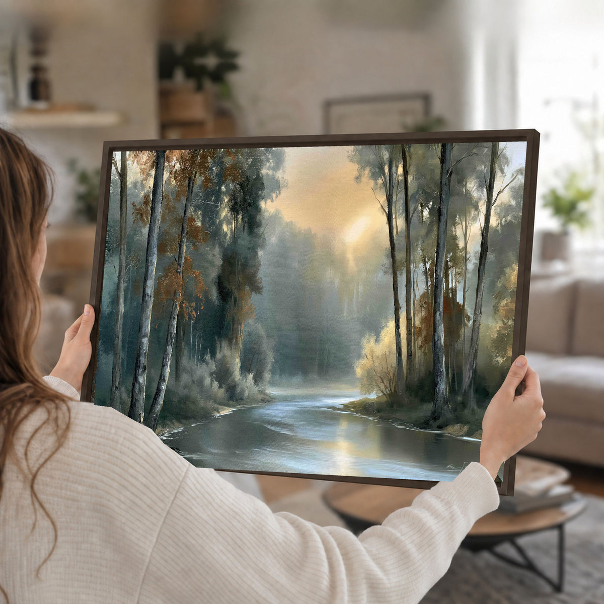Misty river forest painting framed canvas wall art held in hands