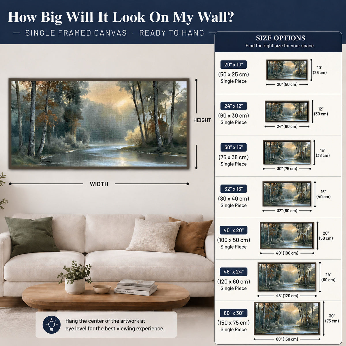 Misty river forest painting framed canvas wall art size guide above a sofa