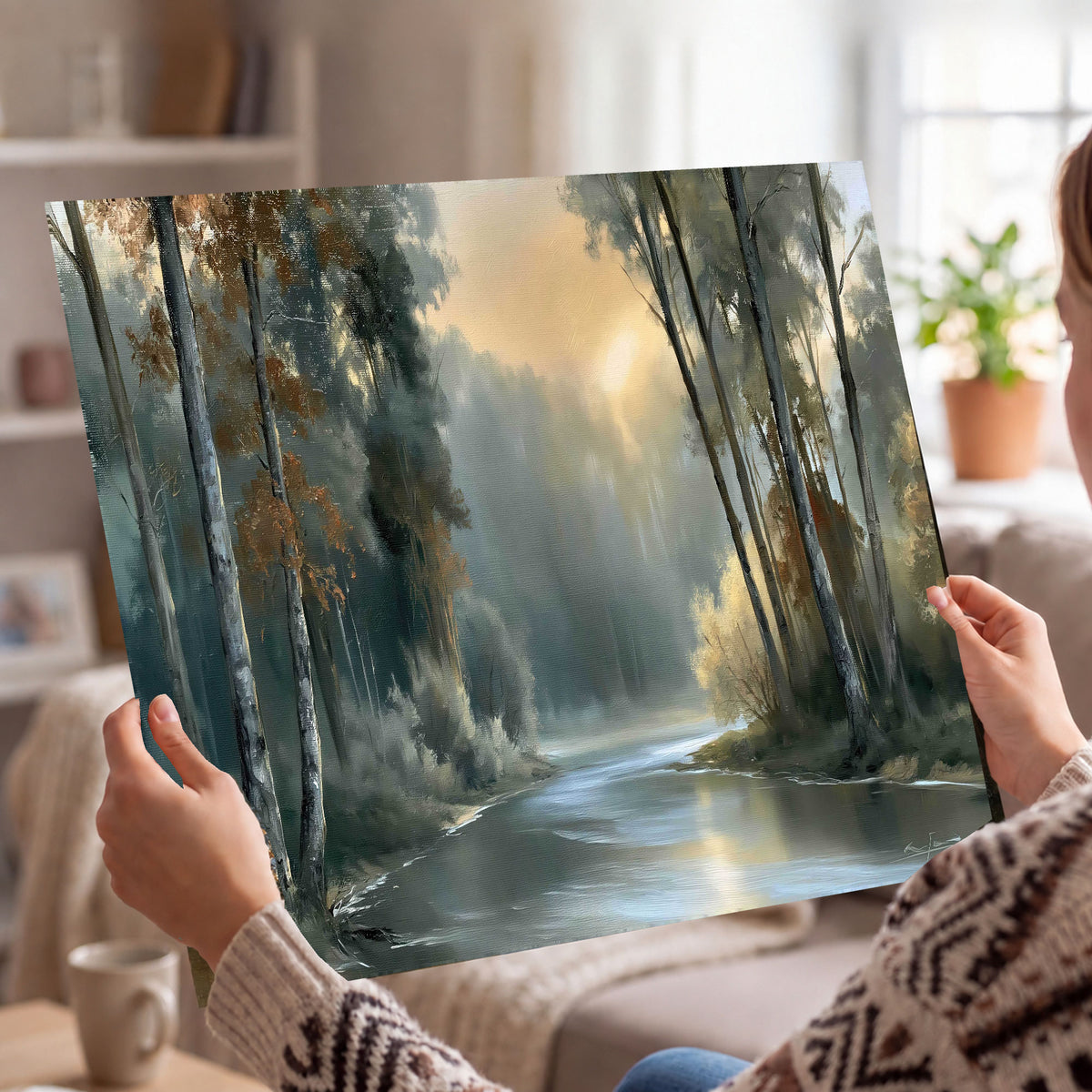 Misty river forest painting poster print held in hands