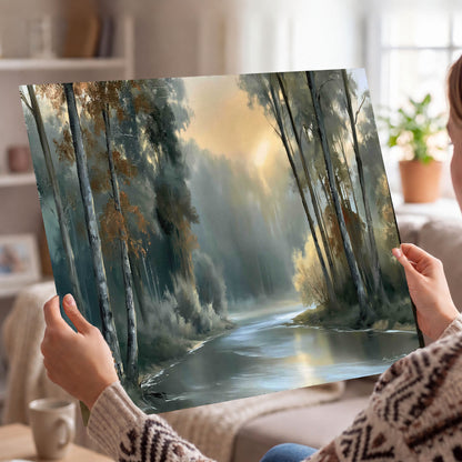Misty river forest painting poster print held in hands