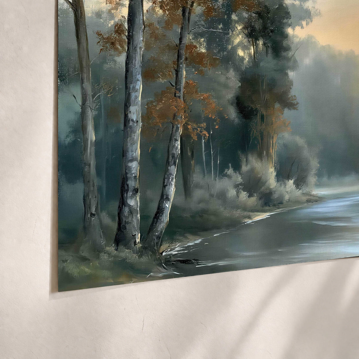 Misty river forest painting poster print close-up on matte paper