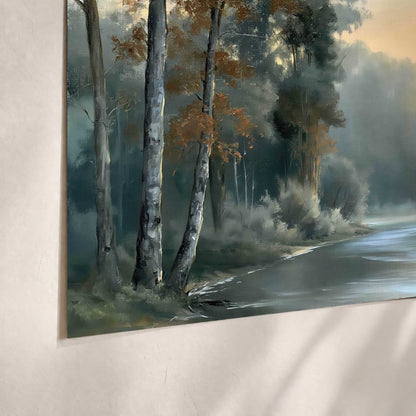 Misty river forest painting poster print close-up on matte paper