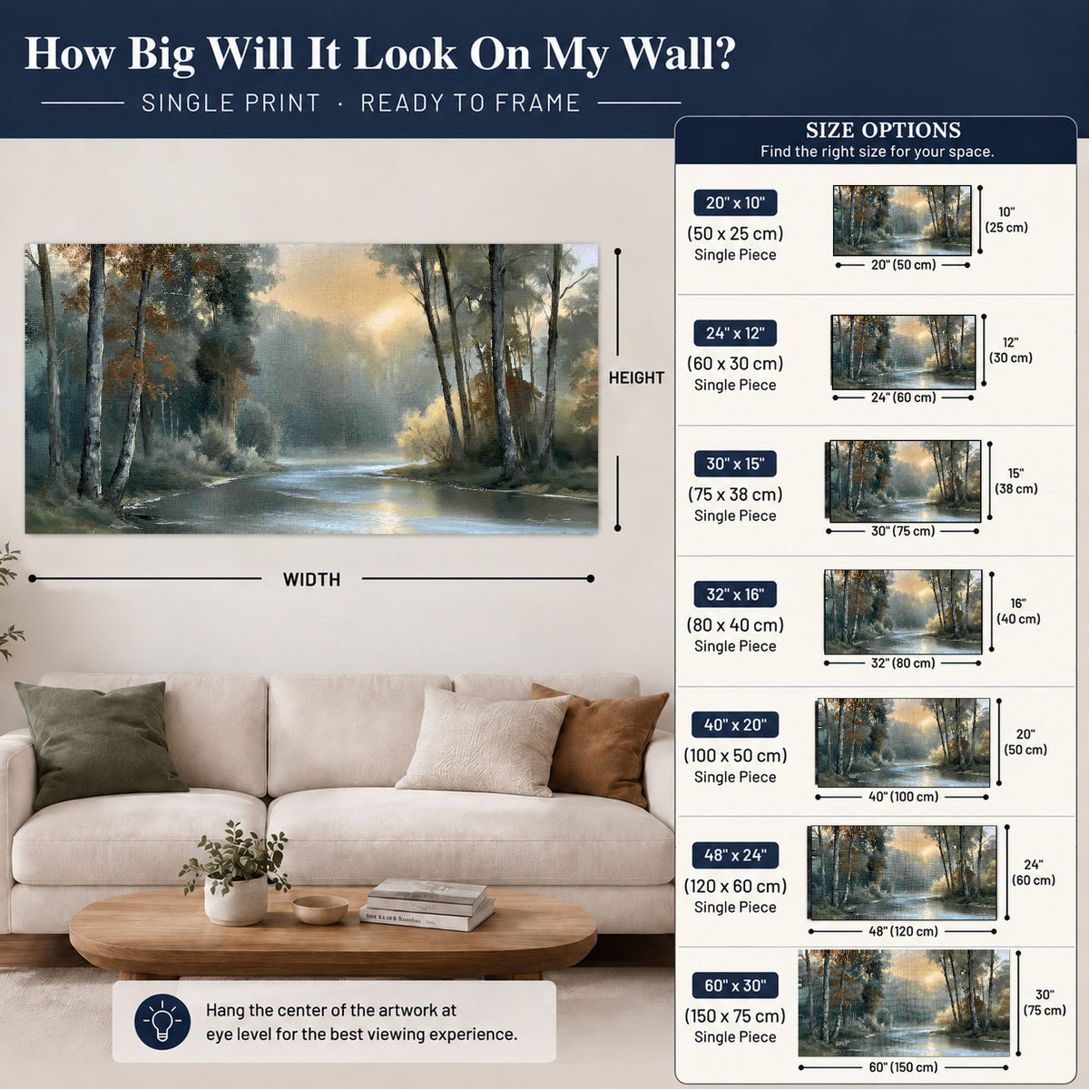 Misty river forest painting poster print size guide above a sofa