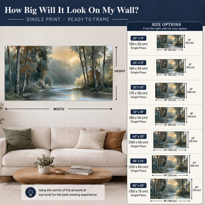 Misty river forest painting poster print size guide above a sofa