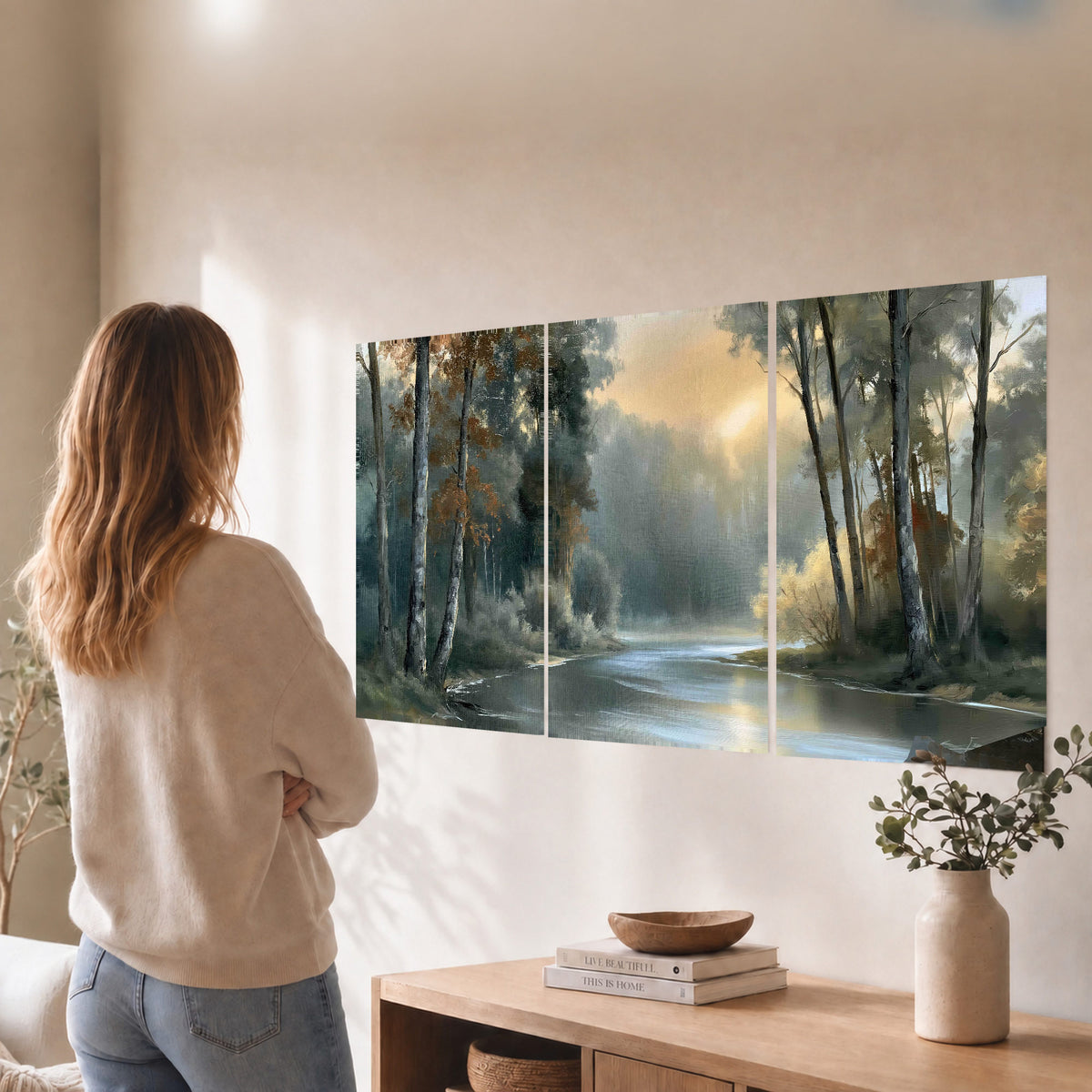 Misty river forest painting set of 3 poster prints in a living room