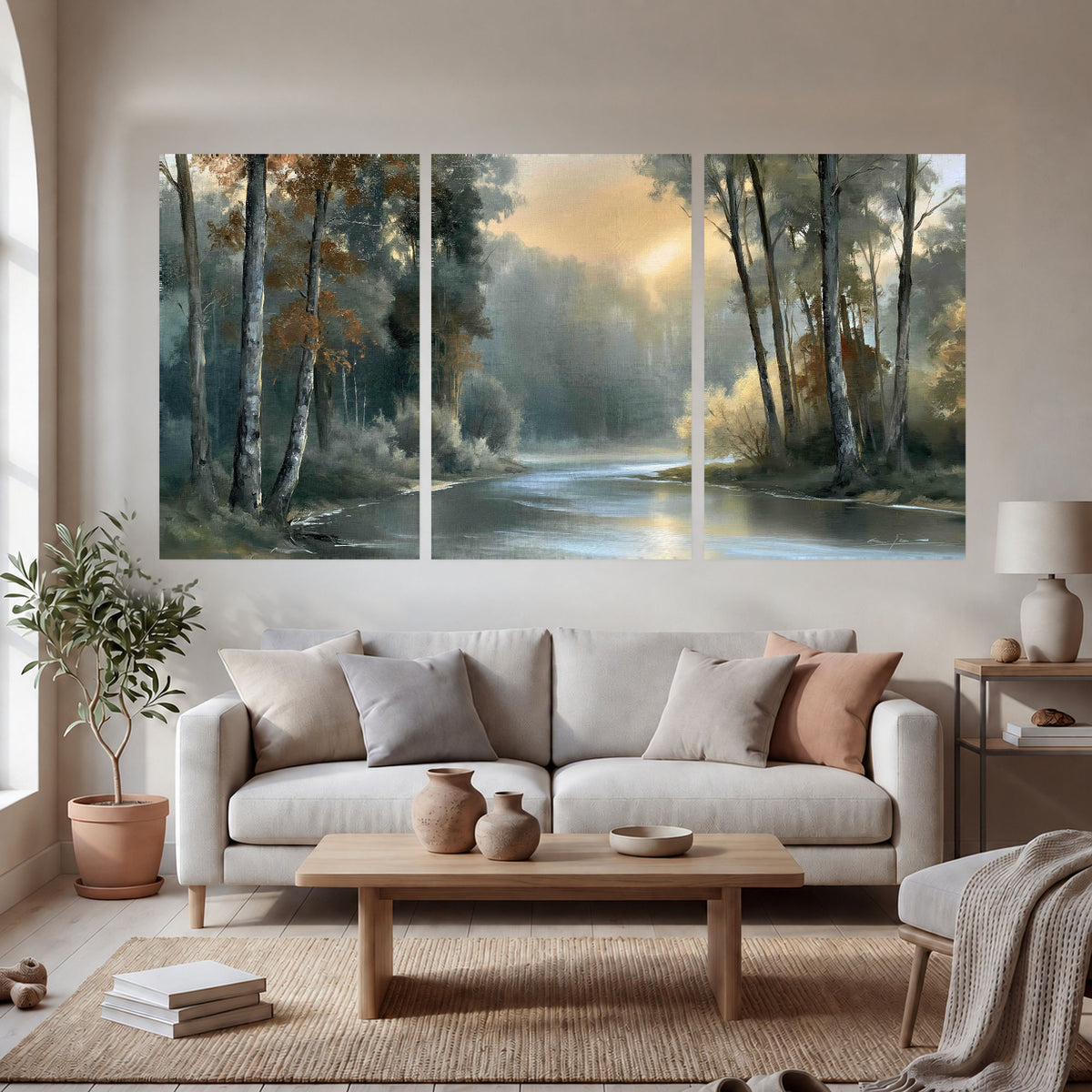 Misty river forest painting set of 3 poster prints in a bright living room