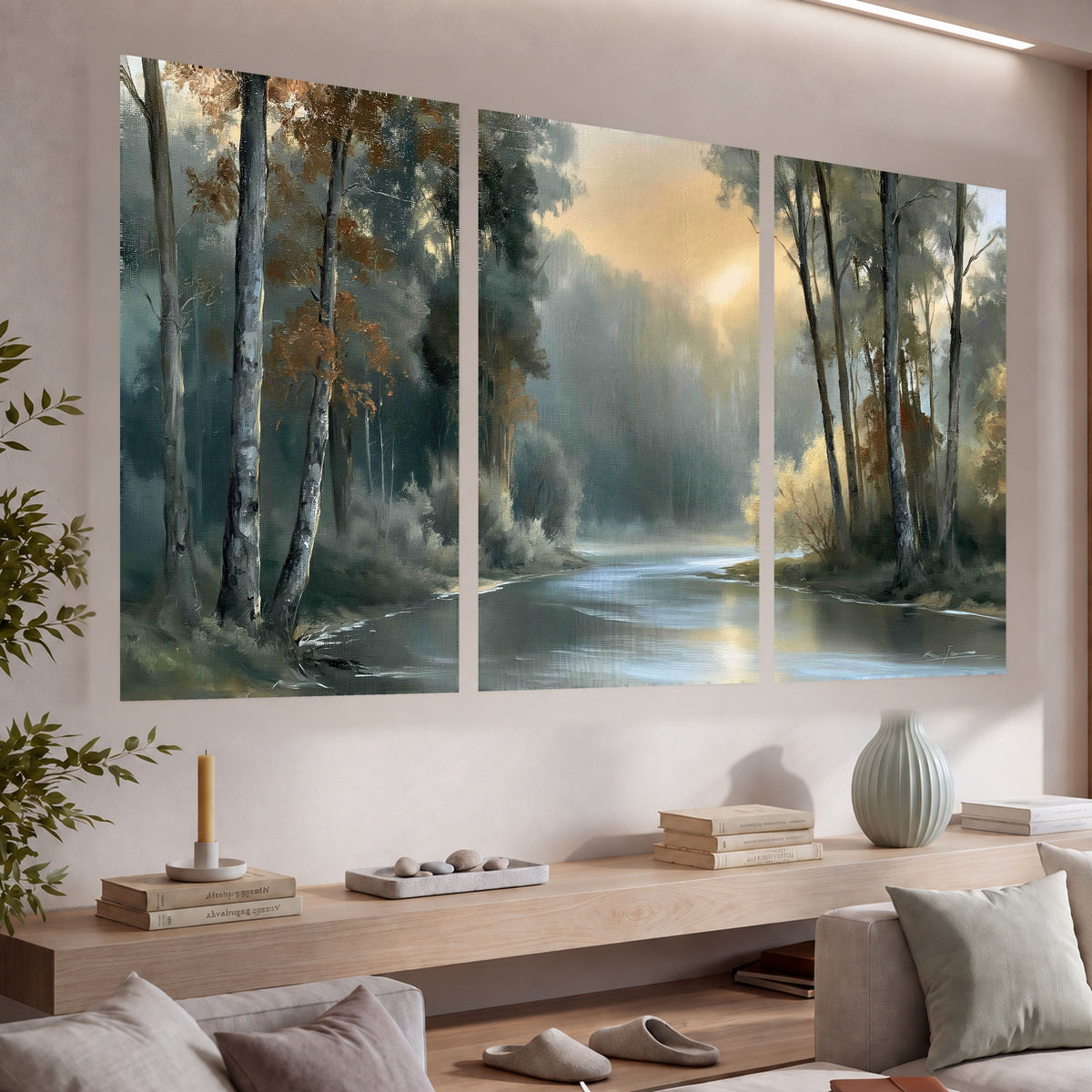 Misty river forest painting set of 3 poster prints in a living room above a console