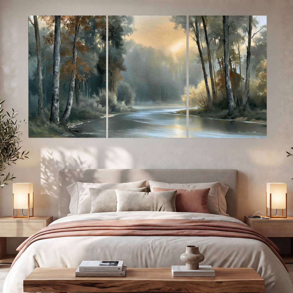 Misty river forest painting set of 3 poster prints in a bedroom above the bed