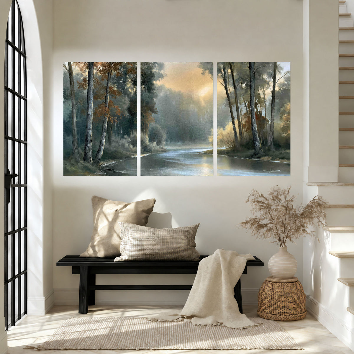 Misty river forest painting set of 3 poster prints in an entryway above a bench