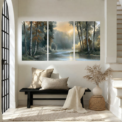 Misty river forest painting set of 3 poster prints in an entryway above a bench