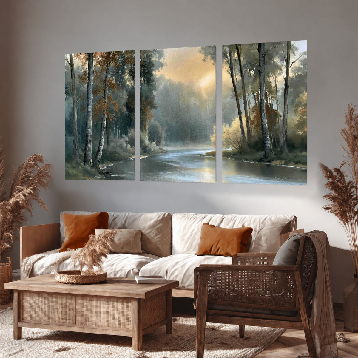 Misty river forest painting set of 3 poster prints in a rustic living room