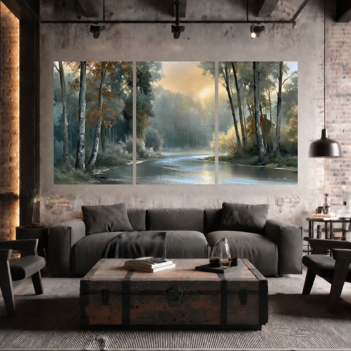 Misty river forest painting set of 3 poster prints in an industrial loft