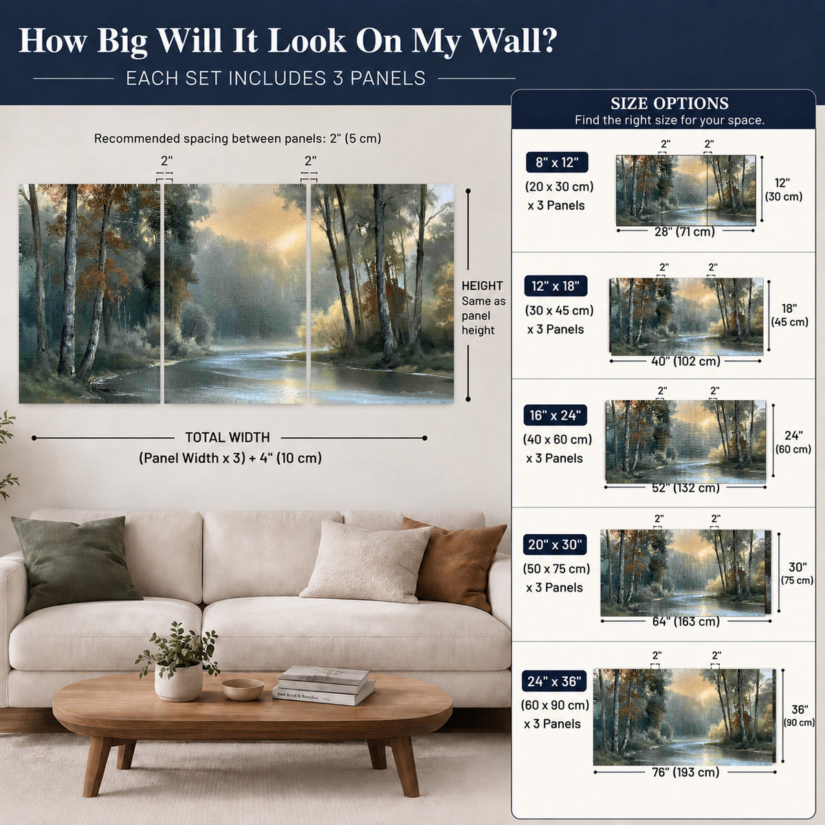 Misty river forest painting set of 3 poster prints size guide above a sofa