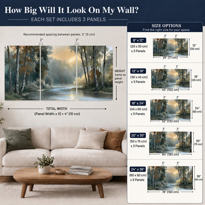 Misty river forest painting set of 3 poster prints size guide above a sofa
