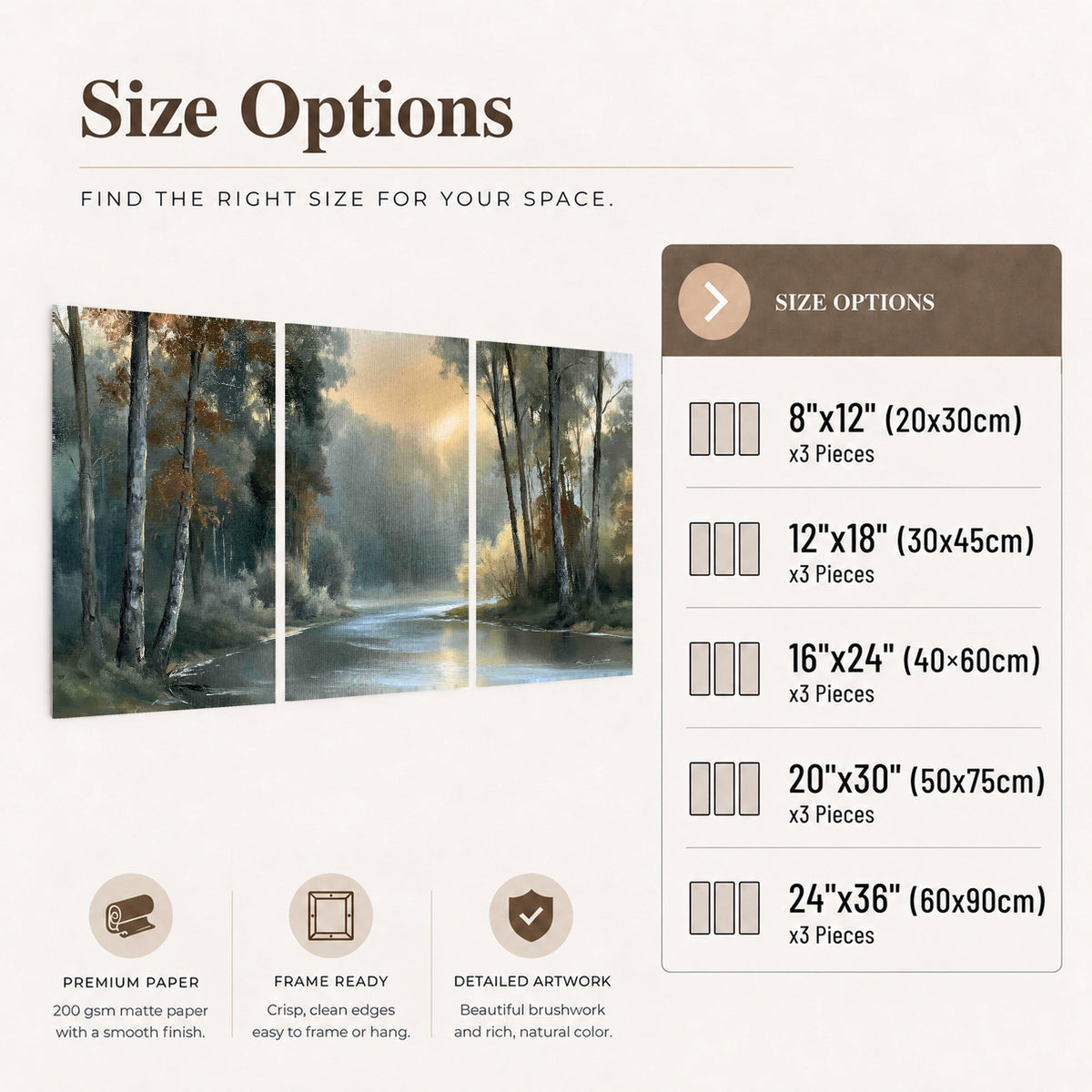 Misty river forest painting set of 3 poster prints size options