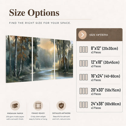 Misty river forest painting set of 3 poster prints size options
