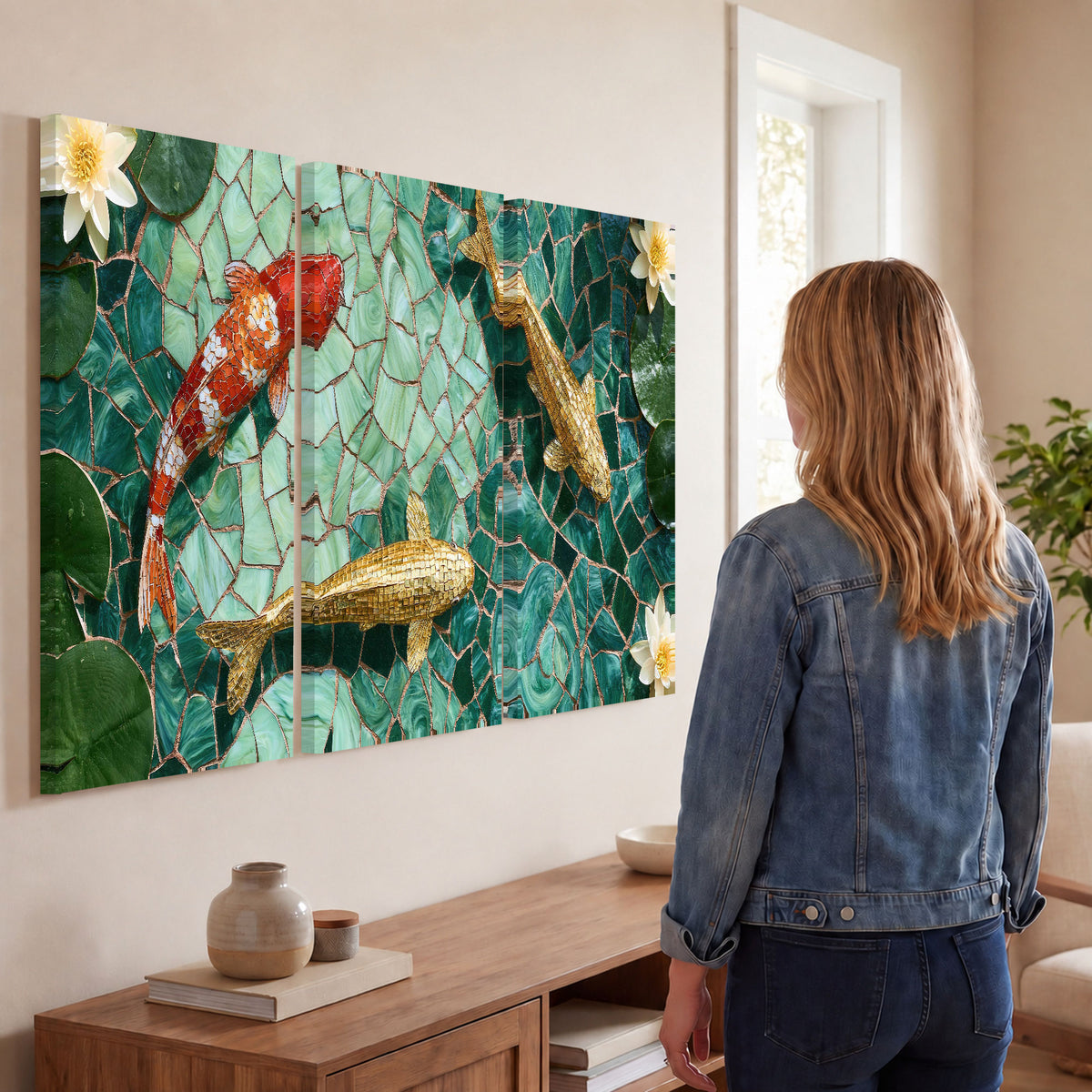 Koi fish mosaic 3 piece canvas wall art in a living room