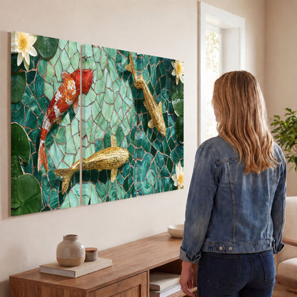 Koi fish mosaic 3 piece canvas wall art in a living room