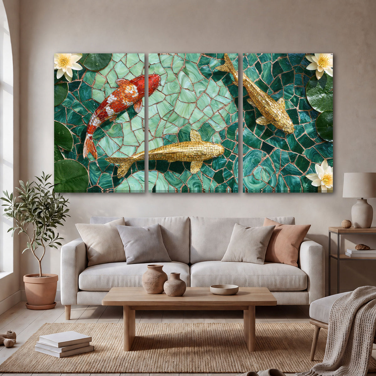 Koi fish mosaic 3 piece canvas wall art in a bright living room