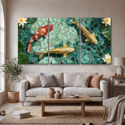 Koi fish mosaic 3 piece canvas wall art in a bright living room